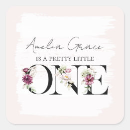 Blush Floral ONE Baby Girl's First Birthday Vierkante Sticker