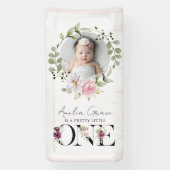  Blush Floral ONE Eerste Verjaardag Baby Foto Spandoek (Verticaal)