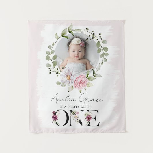  Blush Floral ONE Eerste Verjaardag Baby Foto Wandkleed (Voorkant)