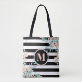 Blush Floral op zwart-wit Stripe Monogram Tote Bag (Voorkant)