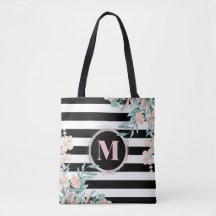 Blush Floral op zwart-wit Stripe Monogram