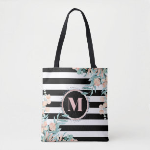 Blush Floral op zwart-wit Stripe Monogram Tote Bag