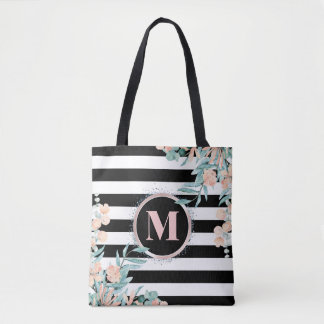 Blush Floral op zwart-wit Stripe Monogram Tote Bag
