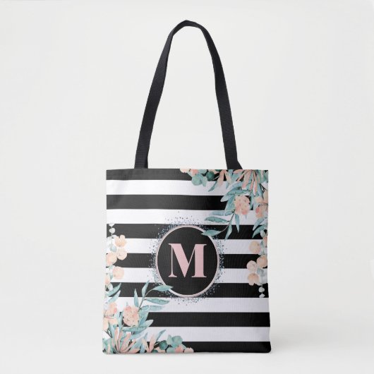 Blush Floral op zwart-wit Stripe Monogram Tote Bag (Voorkant)