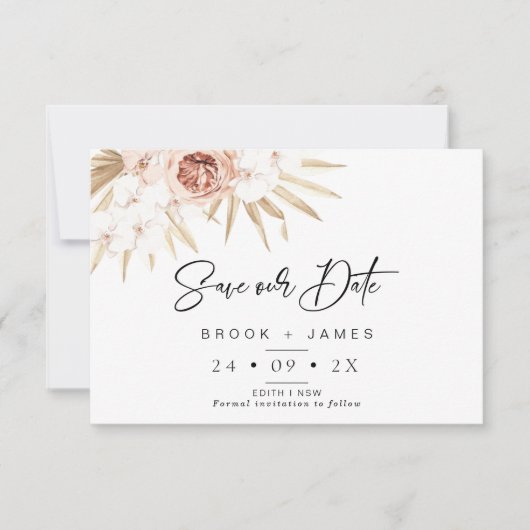 Blush Floral Palm Boho Wedding Save the Date Card Kaart (Voorkant)