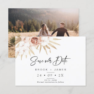Blush Floral Palm Boho Wedding Save the Date Card Kaart