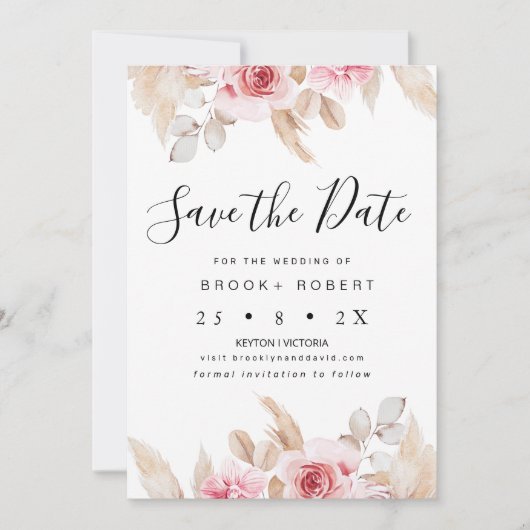 Blush Floral Pampas Wedding Save the Date Kaart (Voorkant)