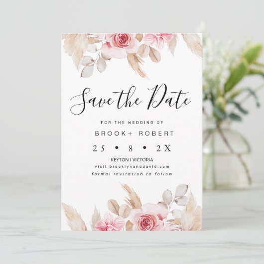 Blush Floral Pampas Wedding Save the Date Kaart (Staand voorkant)