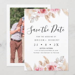 Blush Floral Pampas Wedding Save the Date Kaart