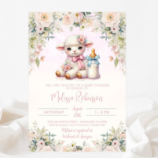 Blush Floral Pasgeboren Lamb Baby shower Kaart