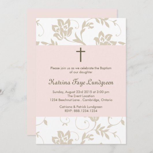 Blush Floral Pattern Baptism Invitation Kaart (Voorkant / Achterkant)