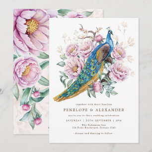 Blush Floral Peacock Chinoiserie Wedding Kaart