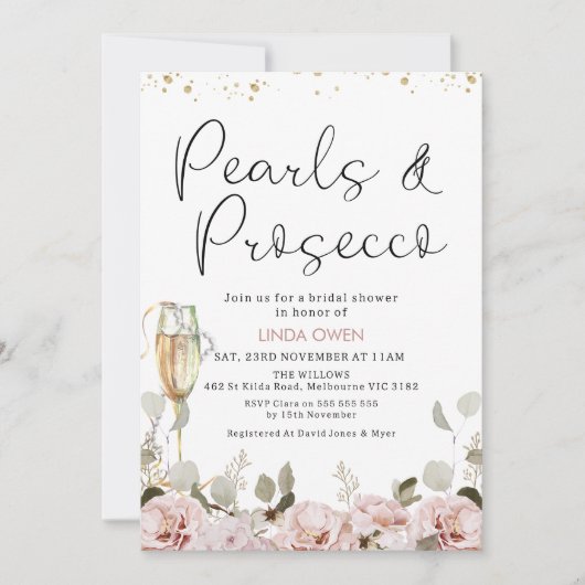 Blush Floral Pearls en Prosecco Vrijgezellenfeest Kaart (Voorkant)