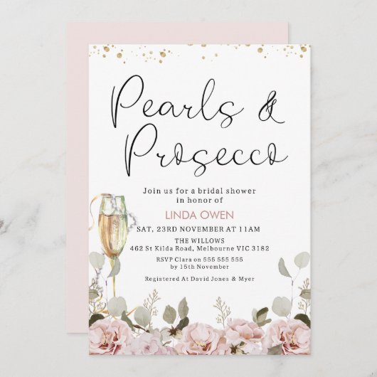 Blush Floral Pearls en Prosecco Vrijgezellenfeest Kaart (Voorkant / Achterkant)