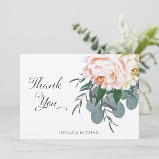 Blush Floral Peony Eucalyptus groen dank u Bedankkaart (Staand voorkant)