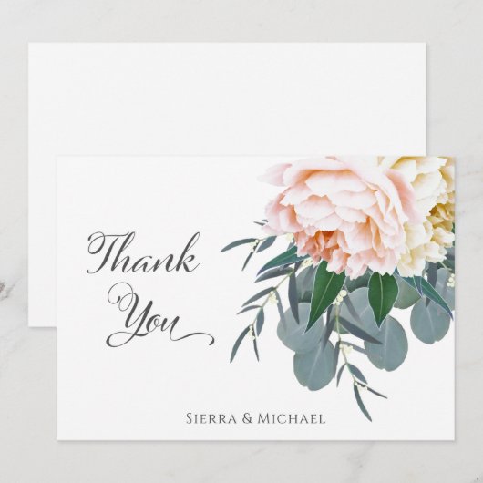 Blush Floral Peony Eucalyptus groen dank u Bedankkaart (Voorkant / Achterkant)