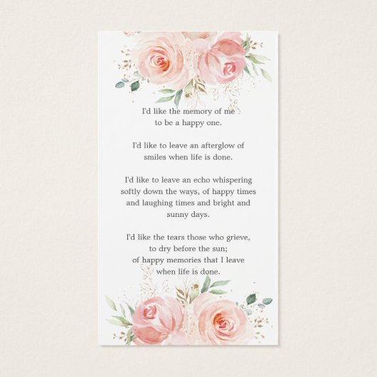 Blush Floral Photo Funeral Memorial Bladwijzer Visitekaartje (Achterkant)