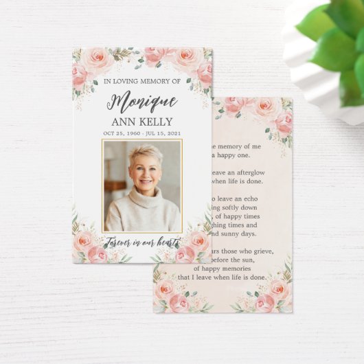Blush Floral Photo Funeral Memorial Bladwijzer Visitekaartje (Bureau)