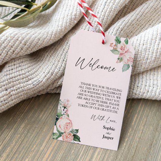 Blush Floral Pink Destination Weddenschap Welkom Cadeaulabel