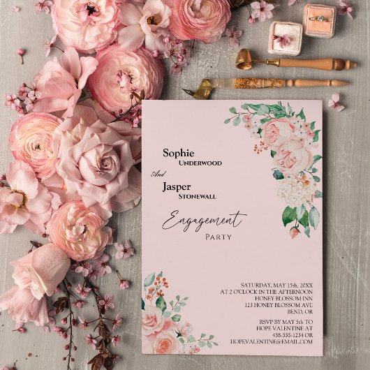 Blush Floral Pink Engagement Party Kaart