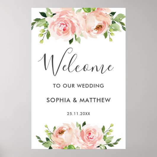 Blush Floral Pink Flowers Weddenschap Welkomstteke Poster (Voorkant)
