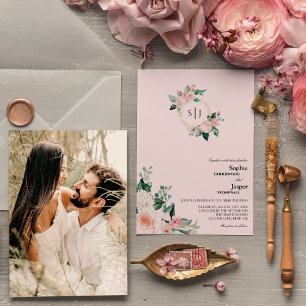 Blush Floral Pink Monogram Foto bruiloft Kaart