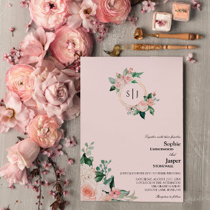 Blush Floral Pink Monogram Weddenschap Kaart