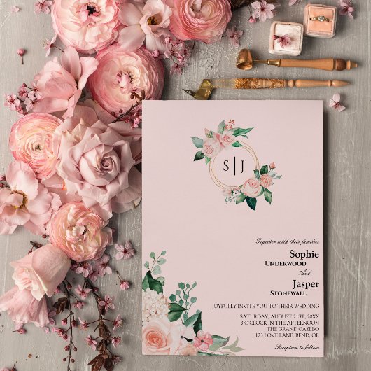 Blush Floral Pink Monogram Weddenschap Kaart