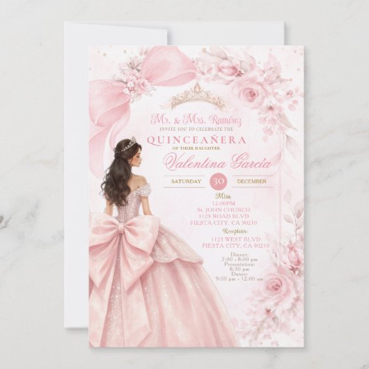 Blush Floral Pink Quinceañera Invitation Kaart (Voorkant)
