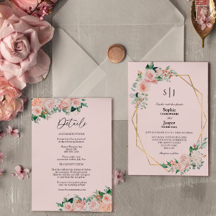 Blush Floral Pink Simple Monogram Details bruiloft Kaart
