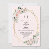 Blush Floral Pink Simple Monogram Foto Weduwschap Kaart (Voorkant)