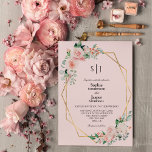 Blush Floral Pink Simple Monogram Weddenschap Kaart<br><div class="desc">Deze blote roze simpele monogram huwelijksuitnodiging is voorzien van prachtige, klassieke kerkelijke achtergronden van pastelroze en marineblauw met eenvoudige moderne typografie en elegante kalligrafie om een verfijnde toon te zetten voor elke stijl van gebeurtenissen. Elk product is voorzien van prachtige blush roze rozen en perzik en ivoor hydrangeas, die voorzien...</div>