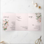 Blush Floral Pink Tri-Fold Wedding Invitation Drieluik Uitnodiging<br><div class="desc">Dit blote, roze, drieledige huwelijksuitnodigingsontwerp kenmerkt prachtige, klassieke kastanjeachtergronden van pastelroze en marineblauw met eenvoudige moderne typografie en elegante kalligrafie om een verfijnde toon te zetten voor elke soort gebeurtenis. Elk product is voorzien van prachtige blush roze rozen en perzik en ivoor hydrangeas, die voorzien zijn van elush eucalyptus en...</div>