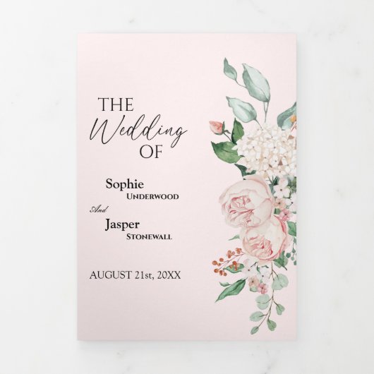 Blush Floral Pink Tri-Fold Wedding Invitation Drieluik Uitnodiging (Cover)