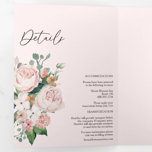 Blush Floral Pink Tri-Fold Wedding Invitation Drieluik Uitnodiging (Binnenzijde eerst)