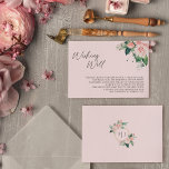 Blush Floral Pink Weddenschap goed Informatiekaartje<br><div class="desc">Deze bloeiende roze bruiloft die een goede behuizing wenst, biedt een prachtige, klassieke, klassieke achtergrond van pastelroze en marinesolfblauw met eenvoudige moderne typografie en elegante kalligrafie om een gesofisticeerde toon aan te geven voor elke soort gebeurtenis. Elk product is voorzien van prachtige blush roze rozen en perzik en ivoor hydrangeas,...</div>