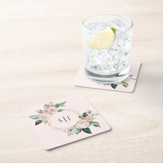 Blush Floral Pink Weddenschap Monogram Kartonnen Onderzetters (Insitu)