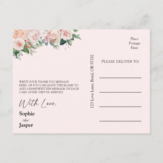 Blush Floral Pink Wedding Dank je Briefkaart (Achterkant)