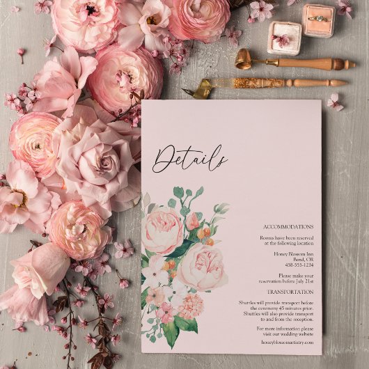 Blush Floral Pink Wedding Details Enclosure Kaart