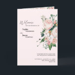 Blush Floral Pink Wedding Folded Programme Programma<br><div class="desc">Dit stompzinnige, roze brutale trouwprogramma met daarop gevouwen programmamodel is voorzien van prachtige, klassieke kerkelijke achtergronden van pastelroze en marineblauw met eenvoudige moderne typografie en elegante kalligrafie om een gesofisticeerde toon aan te geven voor elke stijl van het evenement. Elk product is voorzien van prachtige blush roze rozen en perzik...</div>