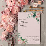Blush Floral Pink Wedding Invitation Kaart<br><div class="desc">Dit blote roze bruinbruidbruinbruidsontwerp van de bruiloft kenmerkt zich door prachtige, klassieke achtergronden van pastelroze en marineblauw met eenvoudige moderne typografie en elegante kalligrafie om een gesofisticeerde toon aan te geven voor elke stijl van het evenement. Elk product is voorzien van prachtige blush roze rozen en perzik en ivoor hydrangeas,...</div>