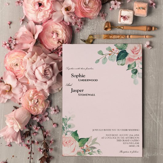 Blush Floral Pink Wedding Invitation Kaart
