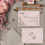 Blush Floral Pink Wedding Menu RSVP-kaart<br><div class="desc">Dit bloeiende roze bruidsbruidsbruidingsmenu rsvp-kaartontwerp biedt een prachtige, klassieke achtergrond van pastelroze en marineblauw met eenvoudige moderne typografie en elegante kalligrafie om een gesofisticeerde toon aan te geven voor elke stijl van gebeurtenissen. Elk product is voorzien van prachtige blush roze rozen en perzik en ivoor hydrangeas, die voorzien zijn van...</div>