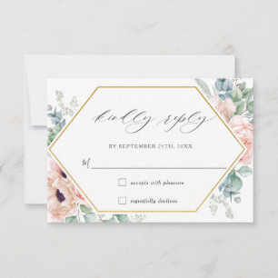 Blush Floral Poppy Roos Greenery Gold Wedding  RSVP Kaartje