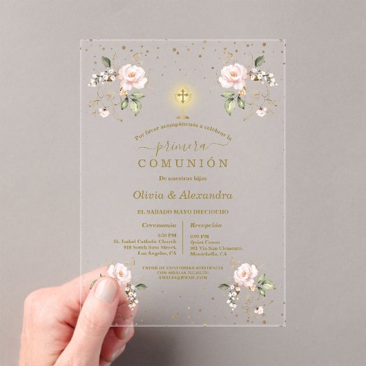 Blush Floral Primera Comunión Twins Holy Communion Acryl Uitnodigingen (Insitu (Draagbaar))