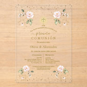 Blush Floral Primera Comunión Twins Holy Communion Acryl Uitnodigingen (Voorkant)
