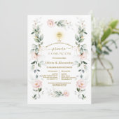Blush Floral Primera Comunión Twins Holy Communion Kaart (Staand voorkant)