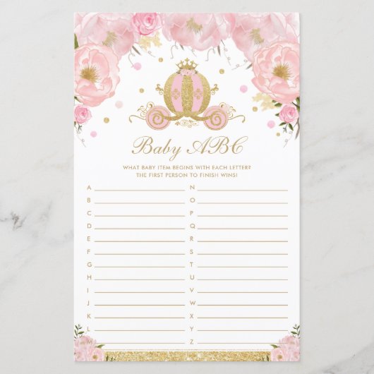 Blush Floral Princess Baby ABC Baby shower Game (Voorkant)