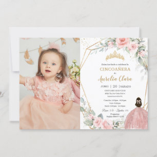 Blush Floral Princess Cincoañera 5 Birthday Foto Kaart