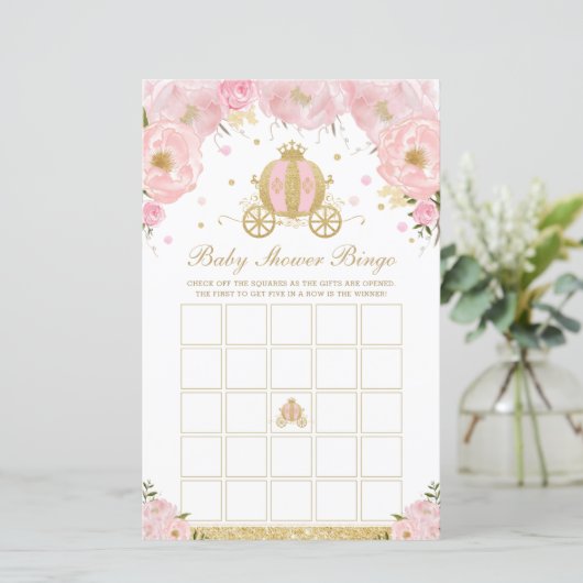 Blush Floral Princess Coach Baby shower Bingo Game (Staand voorkant)